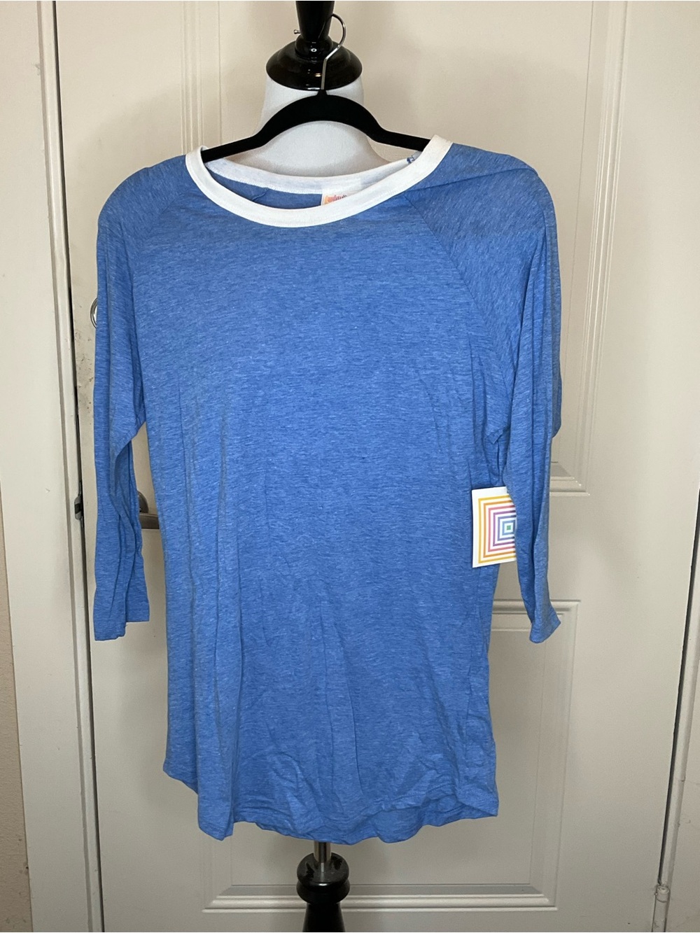 LuLaRoe Randy Blue Raglan Top with White Collar